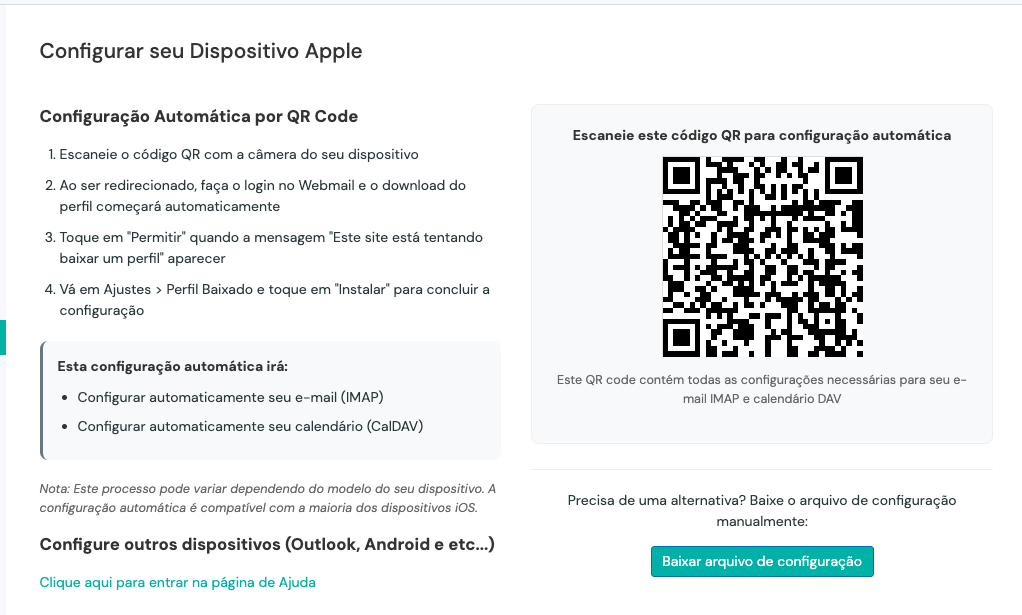 Instruções de configuração no Webmail