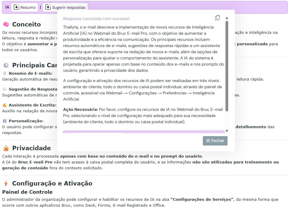 Resumo automático de e-mails no Bruc E-mail Pro